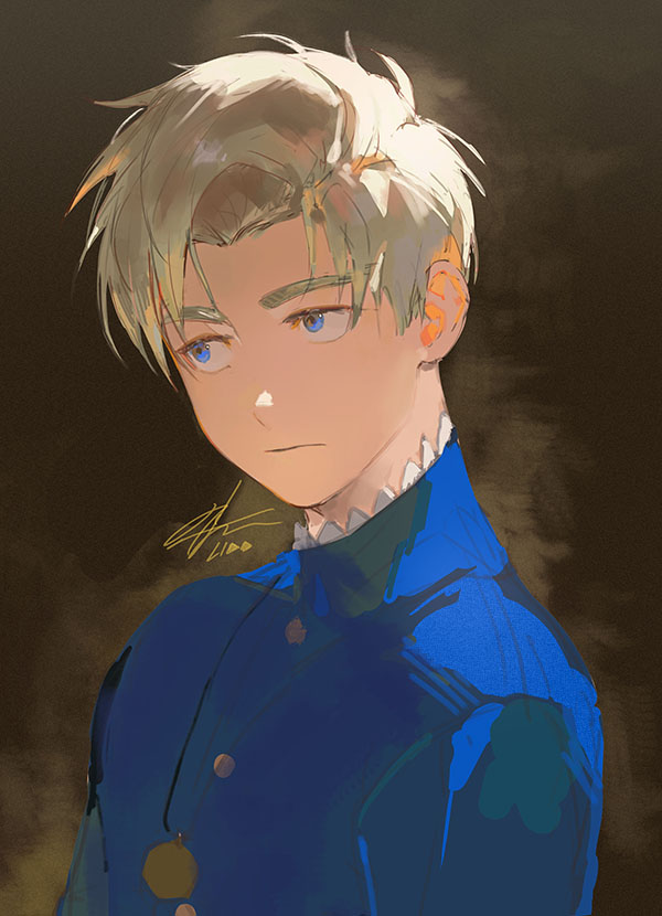 1boy, blonde_hair, blue_eyes, blue_jacket, brown_background, buttons, chi.:_chikyuu_no_undou_ni_tsuite, closed_mouth, jacket, jewelry, looking_to_the_side, male_focus, necklace, parted_bangs, paruteko, portrait, rafal_(chi.), shirt, short_hair, signature, sketch, solo, upper_body, white_shirt