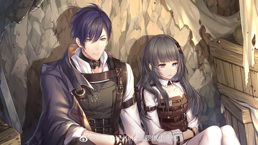 1boy, 1girl, absurdres, arm_rest, black_cape, black_gloves, black_hair, black_pants