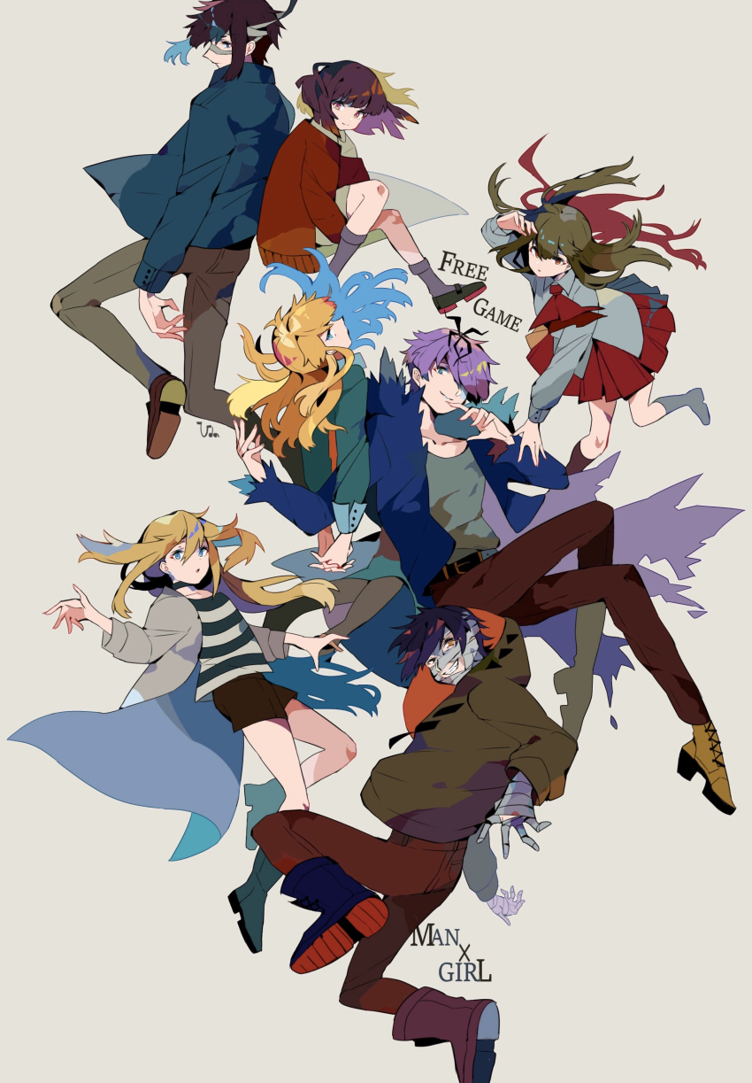 3boys, 4girls, absurdres, bandage_over_one_eye, bandages, black_hair, black_shorts, blonde_hair