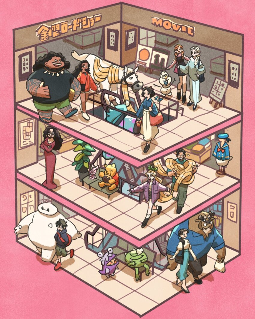 3boys, 6+girls, anna_(frozen), arm_tattoo, baymax, beast_(disney), belle_(disney), big_hero_6