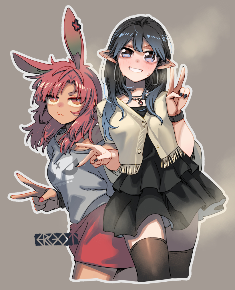 1boy, 1futa, ahoge, animal_ears, artist_name, black_dress, black_hair, black_nails, breasts, bulge, commentary, cropped_jacket, cross, crossdressing, crossdressing_(mtf), dark-skinned_female, dark_skin, double_v, dress, earrings, ergot, futanari, grey_hair, grey_jacket, hoop_earrings, jacket, jewelry, long_hair, medium_breasts, medium_hair, nail_polish, necklace, off-shoulder_shirt, off_shoulder, orange_eyes, original, panties, panty_peek, pleated_dress, pointy_ears, purple_eyes, rabbit_ears, rabbit_girl, red_hair, red_nails, red_pendant, red_shorts, shirt, short_dress, short_shorts, shorts, sweatdrop, t-shirt, thighhighs, trap, underwear, v, wristband