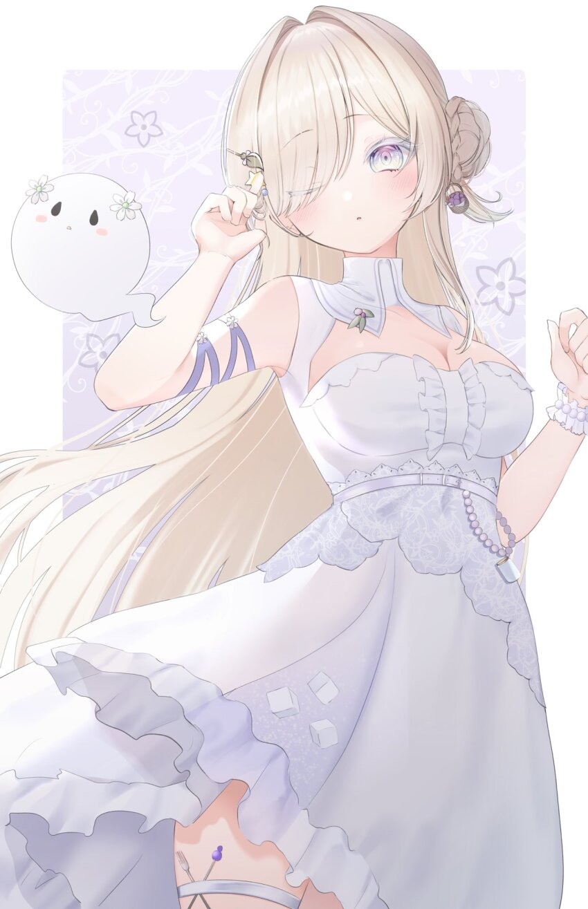 1girl, blonde_hair, braid, breasts, bun_with_braided_base, came_ushi, cleavage, cleavage_cutout