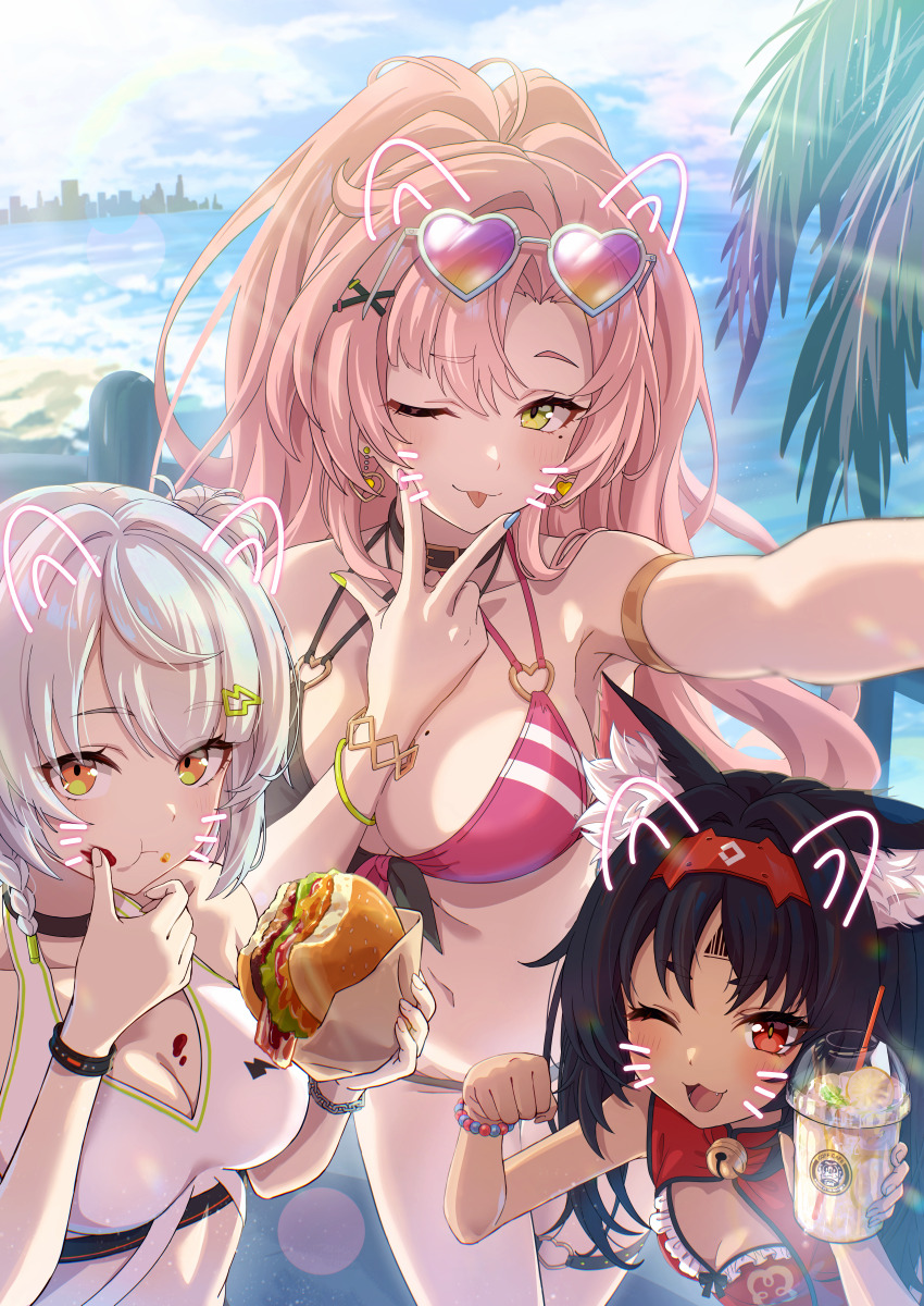 3girls, ;3, ;d, absurdres, alternate_costume, anby_demara, animal_ear_fluff, animal_ears, arm_strap, barcode, barcode_tattoo, bell, bikini, black_bikini, black_choker, black_hair, blush, bow, bow_bikini, bracelet, breasts, burger, cat_ears, cat_girl, choker, cleavage, commentary_request, cup, disposable_cup, drinking_straw, earrings, eating, eyewear_on_head, facial_mark, fang, food, food_on_body, food_on_breasts, food_on_face, forehead_mark, grey_hair, hair_intakes, hair_ornament, hairband, heart, heart-shaped_eyewear, heart_earrings, highres, holding, holding_burger, holding_cup, holding_food, jewelry, large_breasts, long_hair, looking_at_viewer, medium_breasts, mole, mole_on_breast, multicolor-tinted_eyewear, multicolored_bikini, multicolored_nails, multiple_girls, navel, nekomiya_mana, nicole_demara, one_eye_closed, open_mouth, orange_eyes, outdoors, outstretched_arm, palm_leaf, paw_pose, pink_bikini, pink_hair, rainbow-tinted_eyewear, reaching, reaching_towards_viewer, red_eyes, red_hairband, small_breasts, smile, standing, swimsuit, tattoo, thigh_strap, tinted_eyewear, tongue, tongue_out, tsurumaki_negi, two-tone_bikini, w, water, white-framed_eyewear, x_hair_ornament, yellow_eyes, zenless_zone_zero