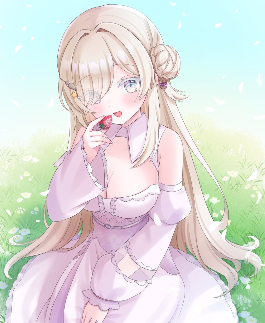 1girl, bare_shoulders, blonde_hair, braid, breasts, bun_with_braided_base, cleavage_cutout, clothing_cutout, commission, detached_sleeves, diphylleia_suclair, dress, eyes_visible_through_hair, food, fruit, grass, grey_eyes, hair_bun, hair_ornament, hand_to_own_mouth, highres, indie_virtual_youtuber, large_breasts, long_hair, long_sleeves, looking_at_viewer, on_ground, one_eye_closed, open_mouth, rimeko, single_side_bun, sitting, skeb_commission, solo, strawberry, virtual_youtuber, white_dress, white_sleeves