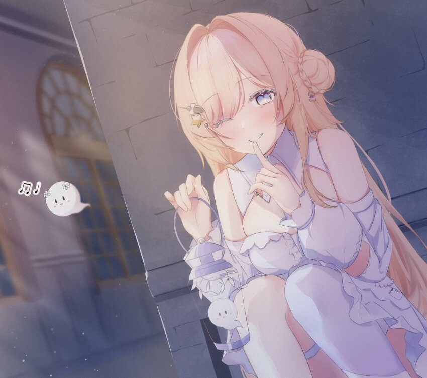 1girl, azure_(sor_azr), bare_shoulders, blonde_hair, braid, bun_with_braided_base, cleavage_cutout, clothing_cutout