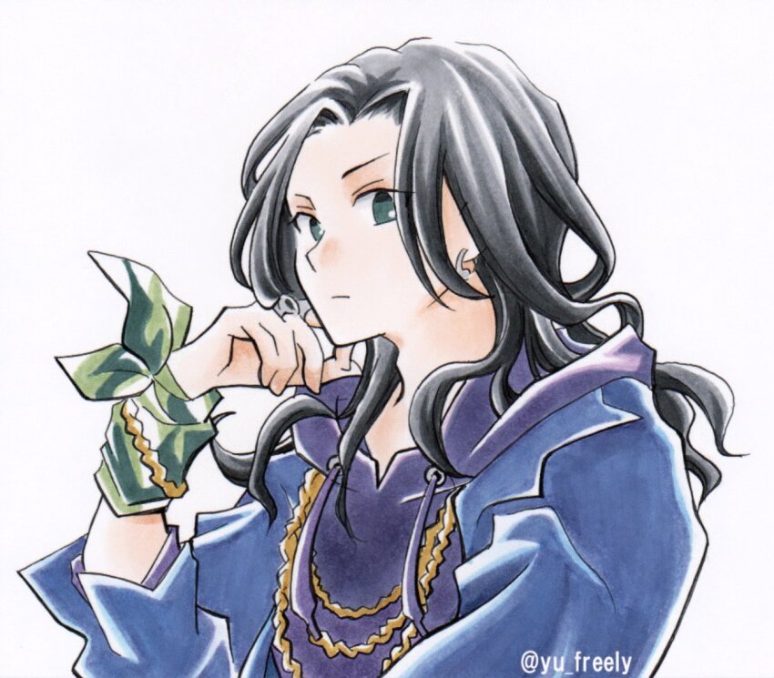 1boy, alternate_hairstyle, bandana, bandana_around_arm, black_hair, blue_jacket, bracelet, camouflage