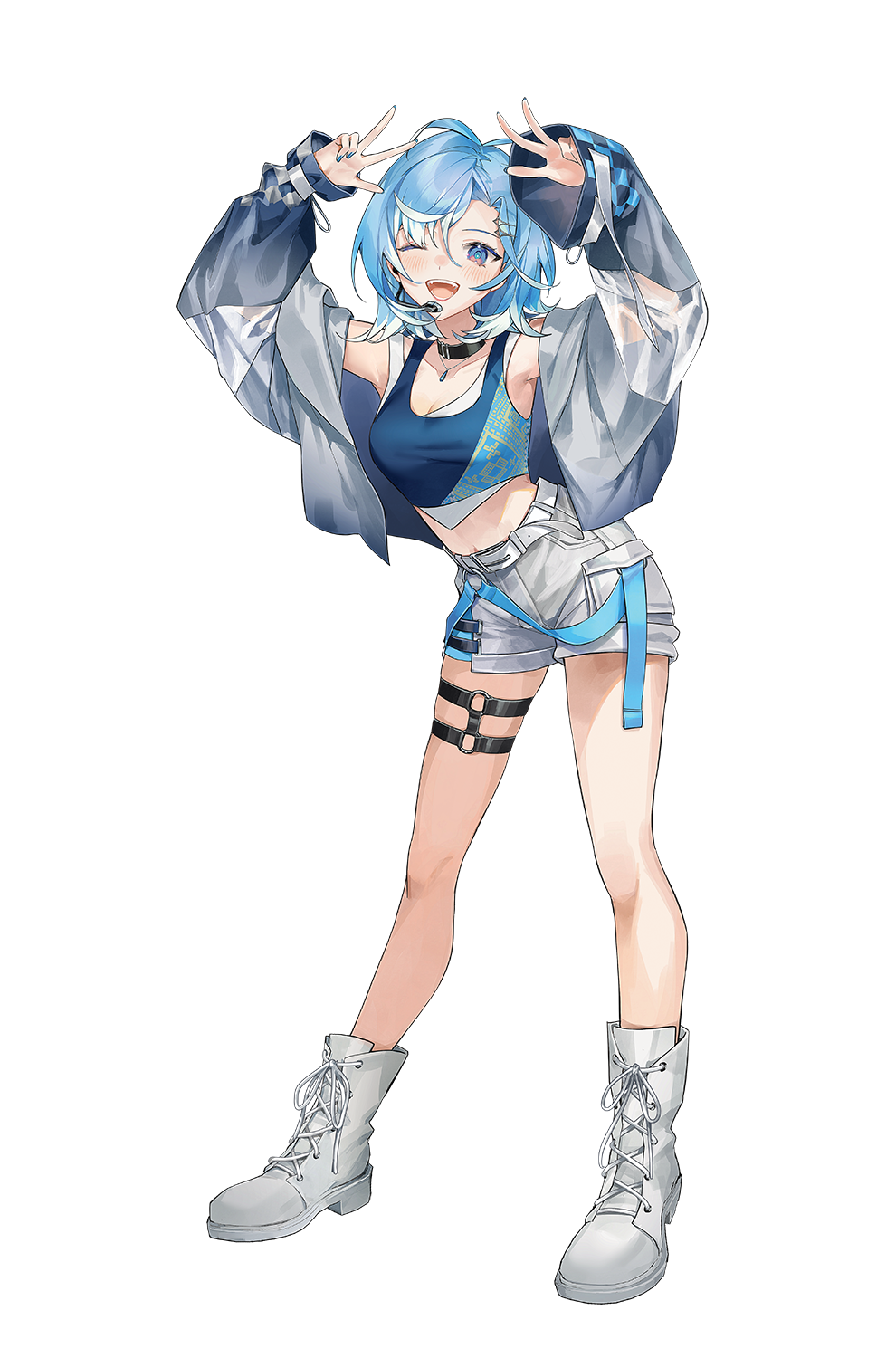 1girl, ;d, ahoge, arms_up, black_collar, blue_eyes, blue_hair, blue_nails