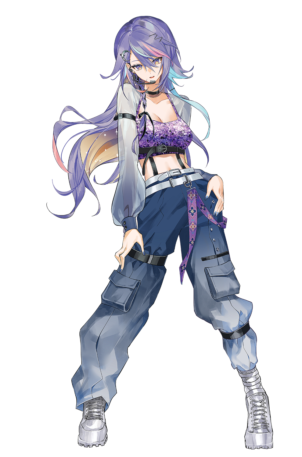 1girl, belt, black_choker, blonde_hair, blue_hair, blue_pants, boots, breasts