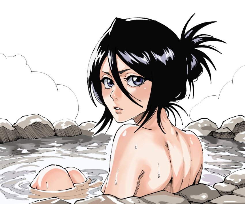 1girl, back, black_hair, bleach, blush, breasts, hair_between_eyes, kuchiki_rukia