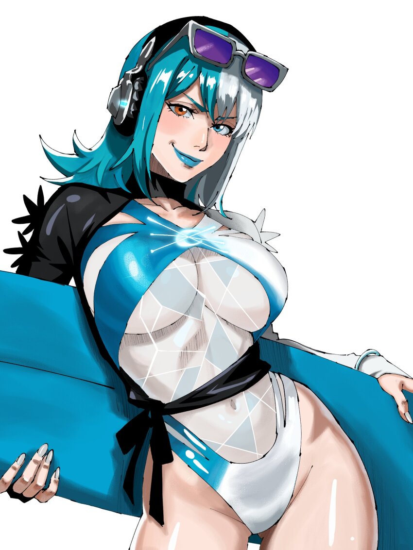 1girl, absurdres, blue_eyes, blue_hair, breasts, cleavage, eyewear_on_head, grey_nails