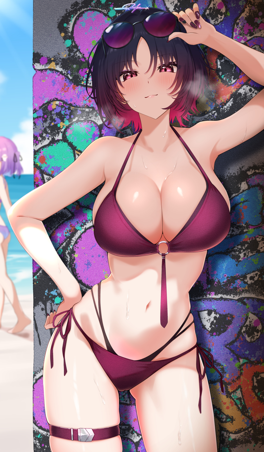 2girls, absurdres, adjusting_eyewear, arm_up, bare_shoulders, beach, bikini, black_hair