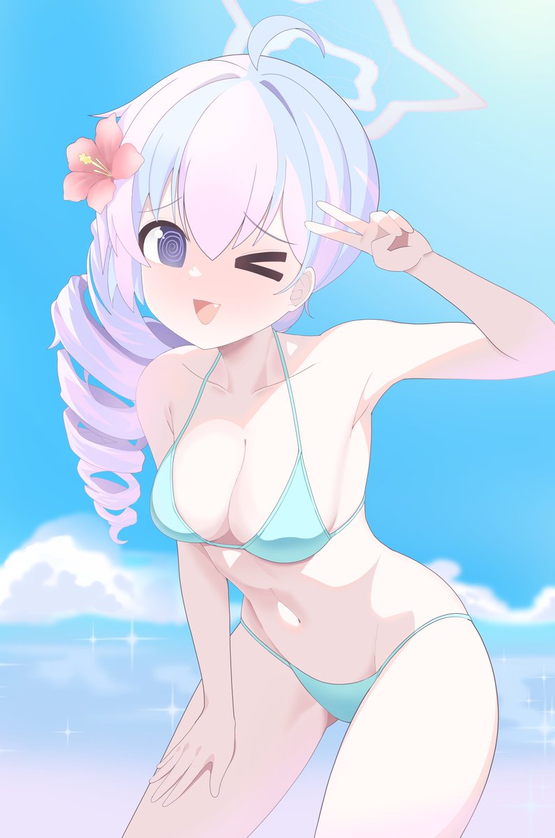 1girl, :d, @_@, ahoge, alternate_breast_size_(larger), alternate_costume, alternate_hairstyle, armpits