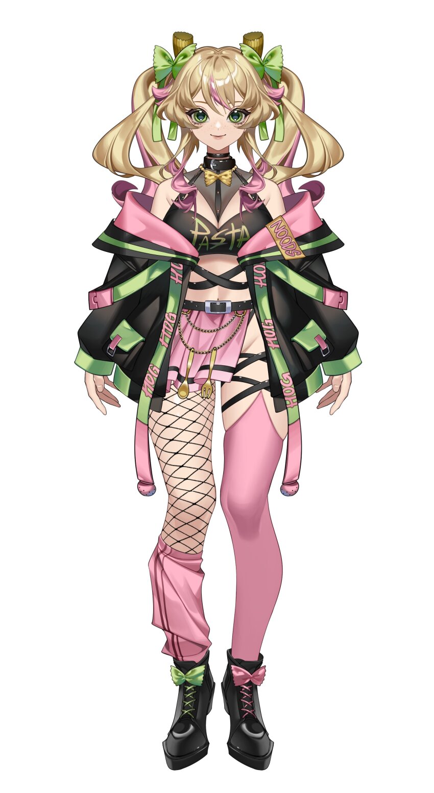 1girl, absurdres, blonde_hair, boots, collar, fishnet_thighhighs, fishnets, full_body