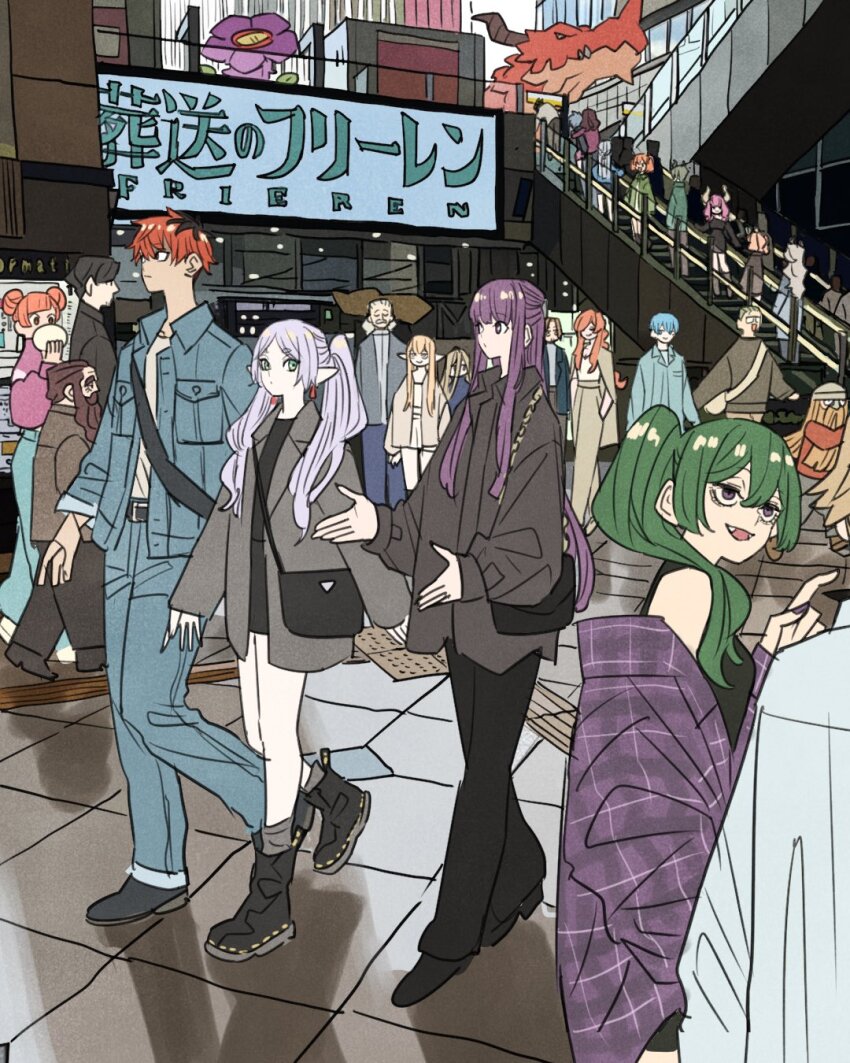 6+boys, 6+girls, aura_(sousou_no_frieren), bag, beard, blue_hair, blunt_bangs, boots