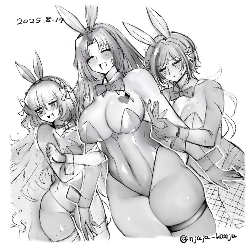 animal_ears, body_freckles, bow, bowtie, closed_eyes, dated, fishnets, freckles