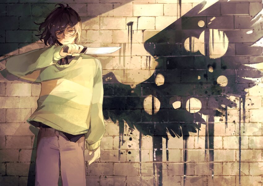 angel_with_a_shotgun, arm_up, black_wings, brick_wall, bullet_hole, closed_mouth, deltarune, derivative_work