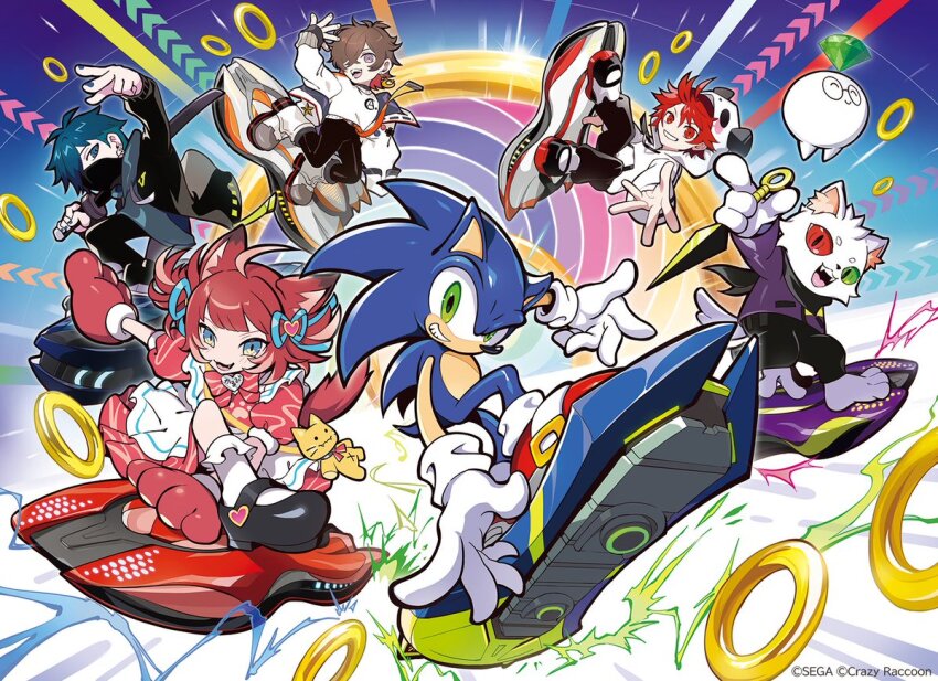 abstract_background, ahoge, amatsuki_(crazy_raccoon), animal_bag, animal_ear_fluff, animal_ears, animal_hands, animal_hood, anime_coloring, ankle_socks, apron, aqua_eyes, aqua_ribbon, artist_name, badge, bag, barefoot, belt, black_coat, black_gloves, black_leggings, black_mask, black_sclera, black_shoes, blue_fur, blue_hair, blue_hood, blue_hoodie, blue_nails, blue_star_(crossworlds), blunt_bangs, blush, boots, bow, bowtie, brooch, brown_hair, button_badge, buttons, cat, cat_bag, cat_boy, cat_ears, cat_girl, cat_paws, chaos_emerald, closed_eyes, coat, colored_inner_animal_ears, colored_inner_hair, colored_sclera, commentary_request, company_name, copyright_notice, crazy_raccoon, creature, crescent, crescent_earrings, crossed_bangs, crossover, double_vertical_stripe, drawstring, dress, earrings, english_text, fang, fangs, fewer_digits, fingernails, frilled_socks, frills, furry, furry_male, glasses, glint, gloves, gold_buckle, gold_ring, green_eyes, grin, hair_between_eyes, hair_ears, hair_ornament, hair_over_one_eye, hair_ribbon, heart, heart_brooch, heart_button, heart_hair_ornament, heart_ribbon, hedgehog_boy, heterochromia, holding, holding_kunai, holding_sword, holding_weapon, hood, hood_down, hood_up, hoodie, jacket, jasper7se, jewelry, katana, kunai, leggings, letter_print, long_sleeves, looking_at_viewer, mary_janes, mask, medium_hair, mismatched_sclera, mouth_mask, multicolored_hair, multicolored_shoes, nail_polish, official_art, one_eye_covered, orange_belt, orange_hair, panda_hood, pants, paw_gloves, print_sweater, puffy_long_sleeves, puffy_short_sleeves, puffy_sleeves, purple_eyes, purple_jacket, purple_sleeves, ras_(crazy_raccoon), red_bow, red_bowtie, red_dress, red_eyes, red_gloves, red_hair, red_shoes, red_tail, ribbon, ring_(sonic), rion_(crazy_raccoon), round_eyewear, second-party_source, sega, shoe_buckle, shoes, short_hair, short_sleeves, shoulder_bag, sleeve_cuffs, slit_pupils, smile, socks, sonic_(series), sonic_racing:_crossworlds, sonic_the_hedgehog, striped_sleeves, sweater, sweatpants, sword, teeth, thick_eyebrows, tongue, two-tone_hair, two-tone_shoes, undercut, unworn_sleeves, upper_teeth_only, vanilla_(crazy_raccoon), vertical-striped_sleeves, weapon, white_apron, white_boots, white_cat, white_fur, white_gloves, white_hood, white_hoodie, white_jacket, white_shoes, white_sleeves, white_socks, white_sweater, white_tail, yellow_bag, yellow_eyes