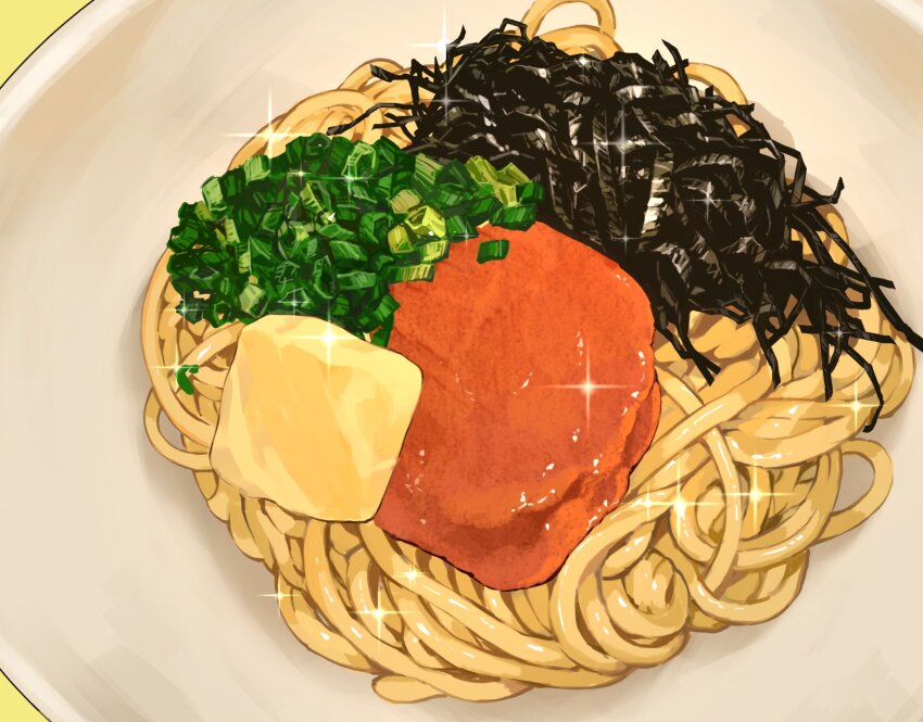commentary_request, danryoku_(ucrh3525), food, highres, karashi_mentaiko, no_humans, original, pasta, plate, spaghetti, yellow_background