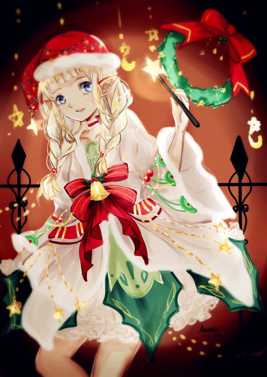 1girl, bell, blonde_hair, blue_eyes, blunt_bangs, blunt_ends, bow, bow_choker, braid, choker, christmas, christmas_adventure_(miracle_nikki), christmas_wreath, collarbone, commentary_request, crescent, dress, elf, feet_out_of_frame, fence, frilled_skirt, frills, fur-trimmed_headwear, fur-trimmed_robe, fur_trim, green_dress, hair_bobbles, hair_ornament, happy, hat, head_tilt, highres, holding, holding_wand, holly, indoors, light_particles, long_hair, long_sleeves, miniskirt, miracle_nikki, nikki_(series), open_mouth, orange_background, petticoat, pointy_ears, red_bow, red_choker, red_hat, robe, santa_hat, short_dress, sitting, skirt, skirt_under_dress, smile, solo, star_(symbol), star_wand, striped_bow, tareme, teeth, twin_braids, upper_teeth_only, very_long_hair, waist_bow, wand, white_robe, white_skirt, wide_sleeves, wreath, xiuxiu_(pixiv_3572450)