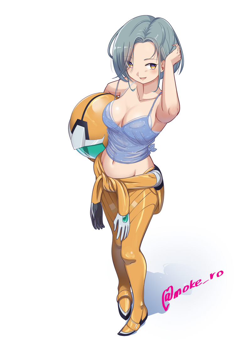 1girl, bodysuit, breasts, brown_eyes, cosplay, forehead, full_body, grey_hair