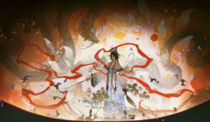 1girl, absurdly_long_hair, absurdres, black_hair, blue_hanfu, bonsai, capelet, chinese_clothes