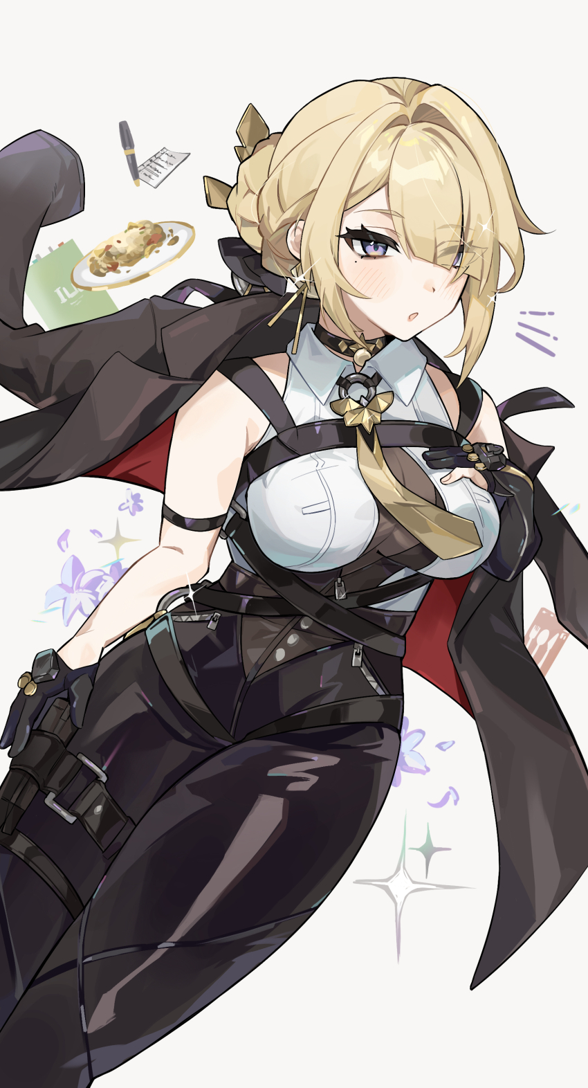 1girl, absurdres, black_bodysuit, black_gloves, black_jacket, black_pants, blonde_hair, blush, bodysuit, breasts, collared_shirt, evelyn_chevalier, fingerless_gloves, gloves, highres, jacket, large_breasts, looking_at_viewer, mole, mole_under_eye, necktie, open_mouth, pants, purple_eyes, red_jacket, shirt, short_hair, sleeveless, sleeveless_shirt, solo, thigh_strap, two-sided_fabric, two-sided_jacket, umiinu_(umi_inu11), yellow_necktie, zenless_zone_zero