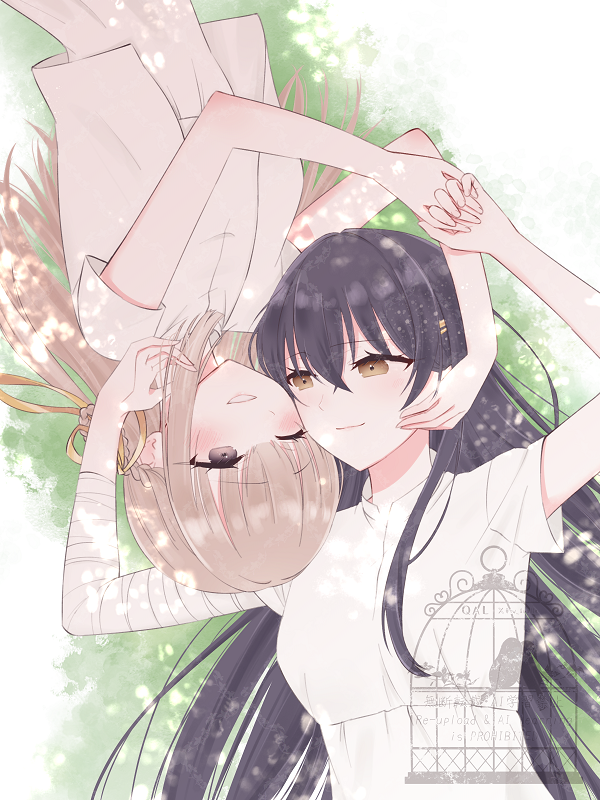 2girls, bandaged_arm, bandages, black_hair, brown_eyes, brown_hair, cheek-to-cheek, commentary_request