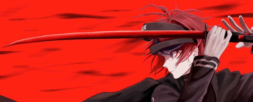 1boy, absurdres, aestro_111, ahoge, black_cape, blue_eyes, cape, chinese_commentary, commentary_request, from_side, gloves, highres, holding, holding_sword, holding_weapon, last_defense_academy_school_uniform, looking_ahead, male_focus, multicolored_hair, parted_lips, red_background, red_hair, red_theme, ringed_eyes, school_uniform, short_hair, solo, streaked_hair, sumino_takumi, sword, the_hundred_line_-last_defense_academy-, weapon, white_gloves