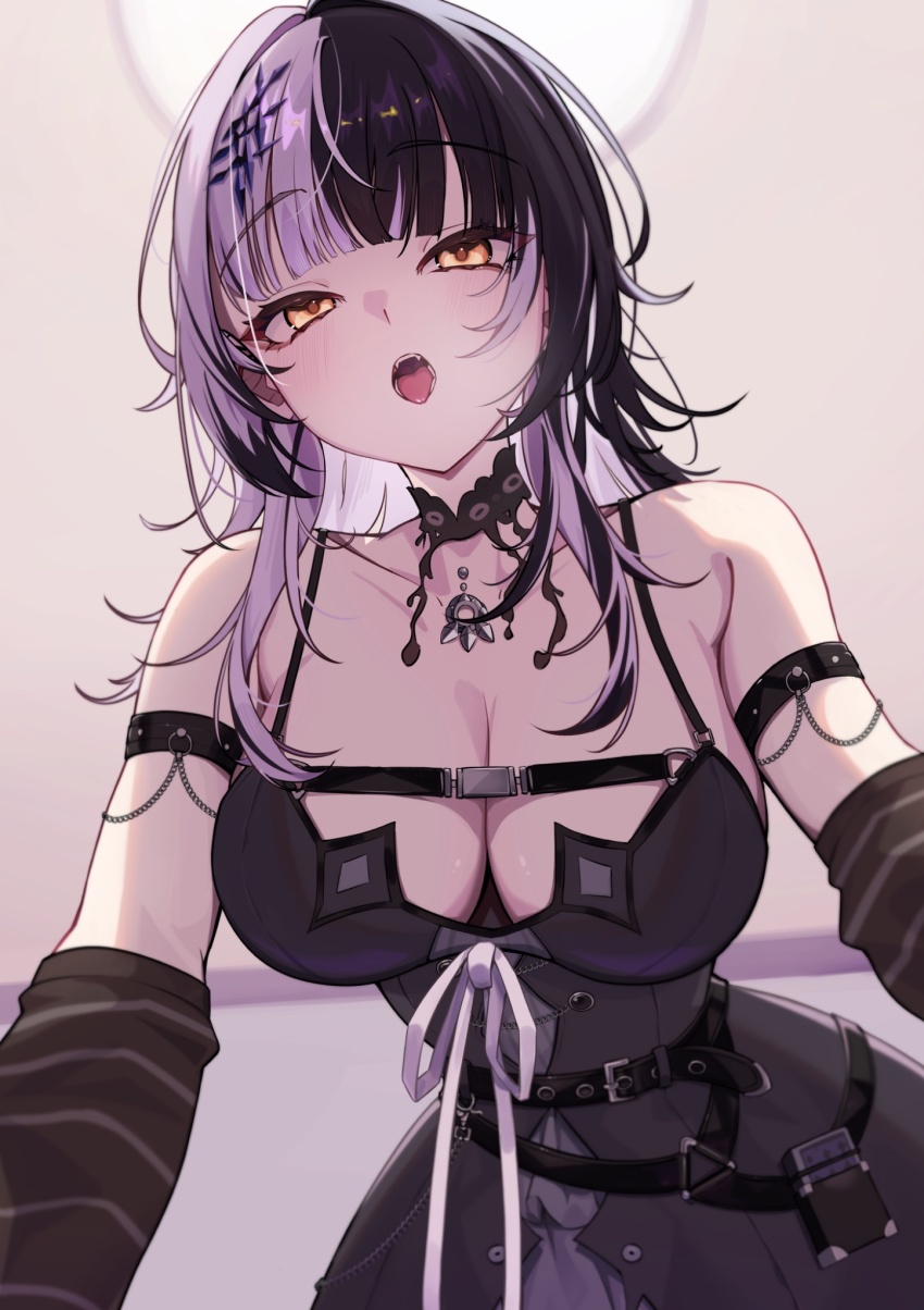 1girl, arm_strap, arm_warmers, belt, belt_pouch, black_belt, black_choker, black_dress