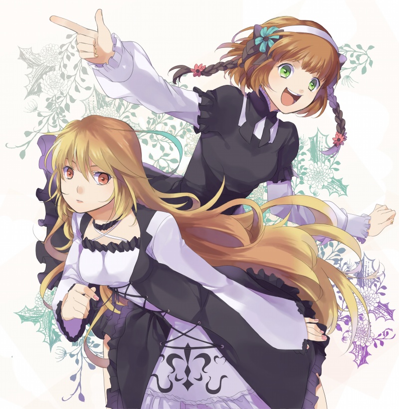 2girls, :d, ahoge, alternate_costume, bad_id, bad_pixiv_id, blonde_hair, bow