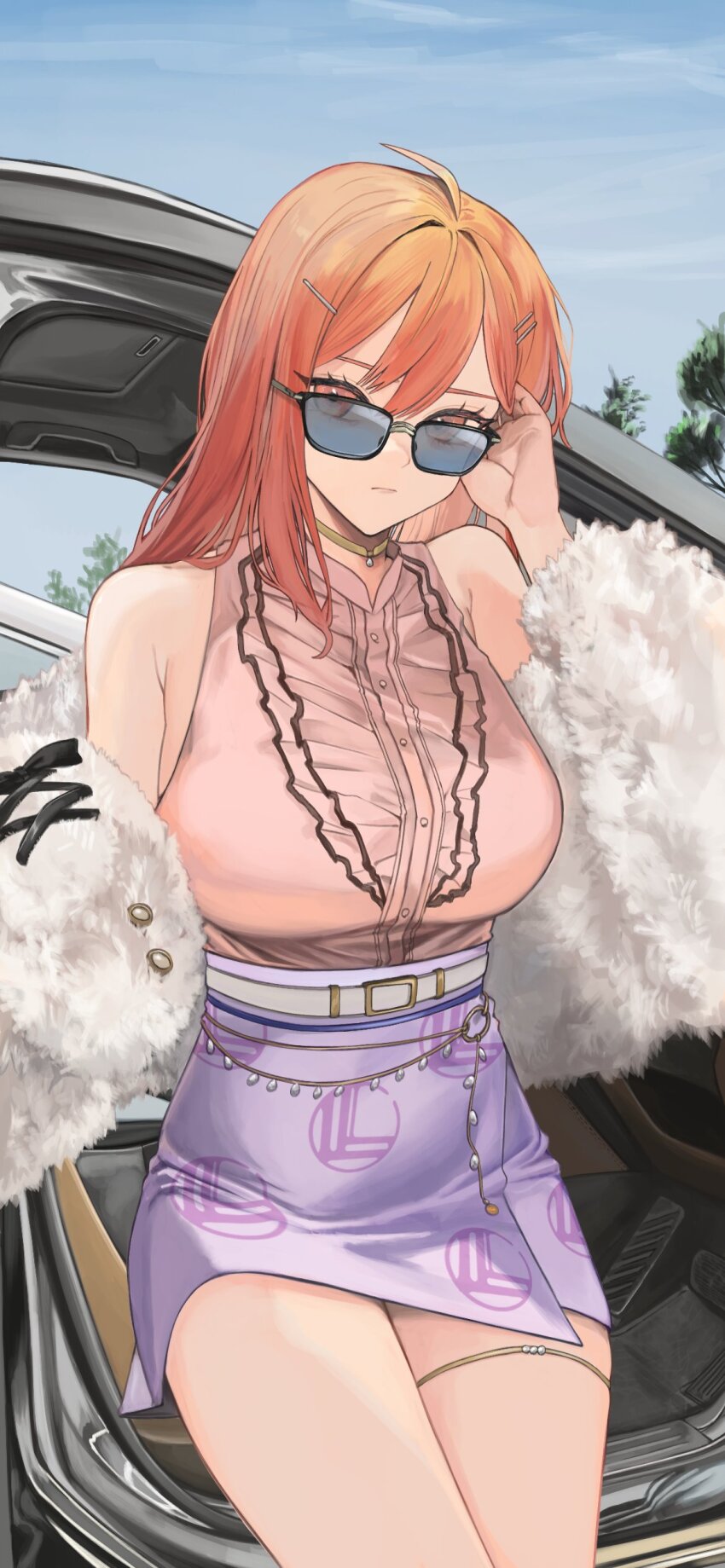 1girl, absurdres, ahoge, armpit_crease, bare_shoulders, belt, breasts, buttons