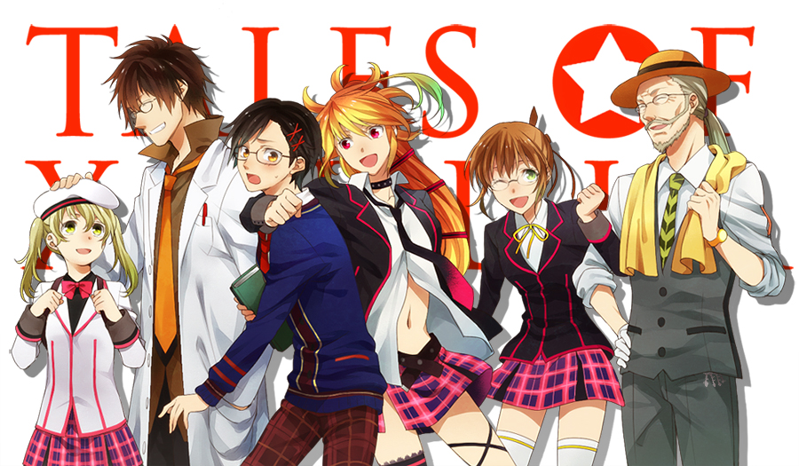 3boys, 3girls, :d, :o, ^_^, ahoge, alternate_costume, alternate_hairstyle, alvin_(school_uniform)_(tales), alvin_(tales), bad_id, bad_pixiv_id, beard, belt, beret, black_hair, blonde_hair, bow, brown_eyes, brown_hair, choker, closed_eyes, copyright_name, elize_lutus, elize_lutus_(school_uniform), facial_hair, formal_clothes, glasses, gradient_hair, green_eyes, green_hair, hair_ornament, hairclip, hand_on_head, hand_on_own_hip, happy, hat, hip_focus, jude_mathis, jude_mathis_(school_uniform), kazu_sanbon, lab_coat, leia_rolando, leia_rolando_(school_uniform), long_hair, messy_hair, midriff, milla_maxwell, multicolored_hair, multiple_boys, multiple_girls, mustache, navel, necktie, official_alternate_costume, one_eye_closed, open_mouth, pants, plaid, red_eyes, ribbon, rowen_j._ilbert, school_uniform, shirt, short_hair, smile, streaked_hair, suit, tales_of_(series), tales_of_xillia, thighhighs, towel, twintails, watch, white_legwear, wink, yellow_eyes