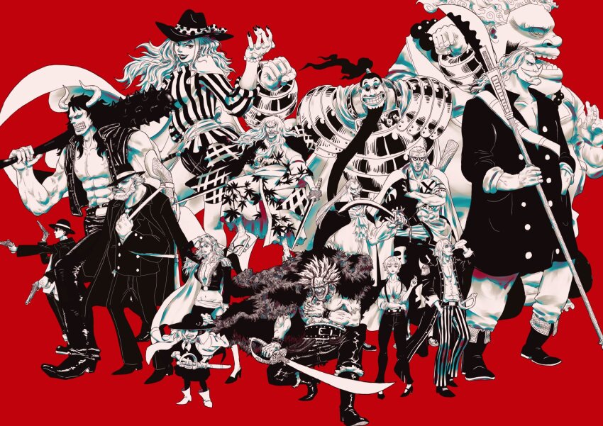 armor, barbel_(one_piece), breasts, buckingham_stussy, captain_john_(one_piece), charlotte_linlin, cleavage, club_(weapon), coat, cutlass, don_marlon, drinking, edward_newgate, facial_hair, fur_coat, gil_bastar, gloriosa_(one_piece), gonzui_(one_piece), gun, highres, holding, holding_gun, holding_weapon, japanese_clothes, kaidou_(one_piece), kimono, kinjishi_no_shiki, muscular, muscular_male, naginata, ochoku_(one_piece), one_piece, piero_88gurifu, pirate_costume, polearm, red_background, rocks_d._xebec, silver_axe_kyo, streusen, sunglasses, sword, weapon