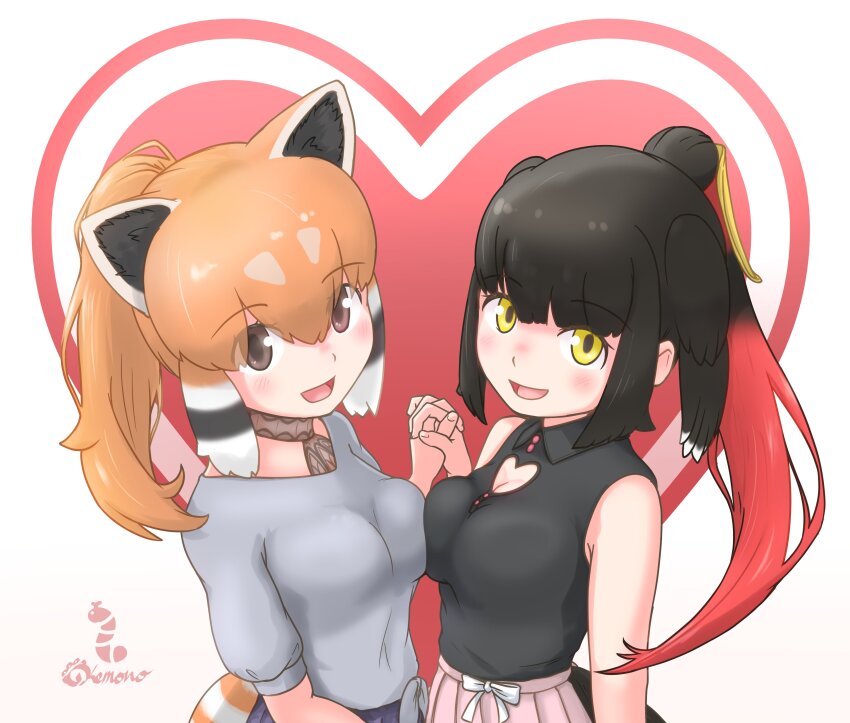 2girls, absurdres, alternate_costume, bare_shoulders, bird_girl, bird_tail, bird_wings, black_hair