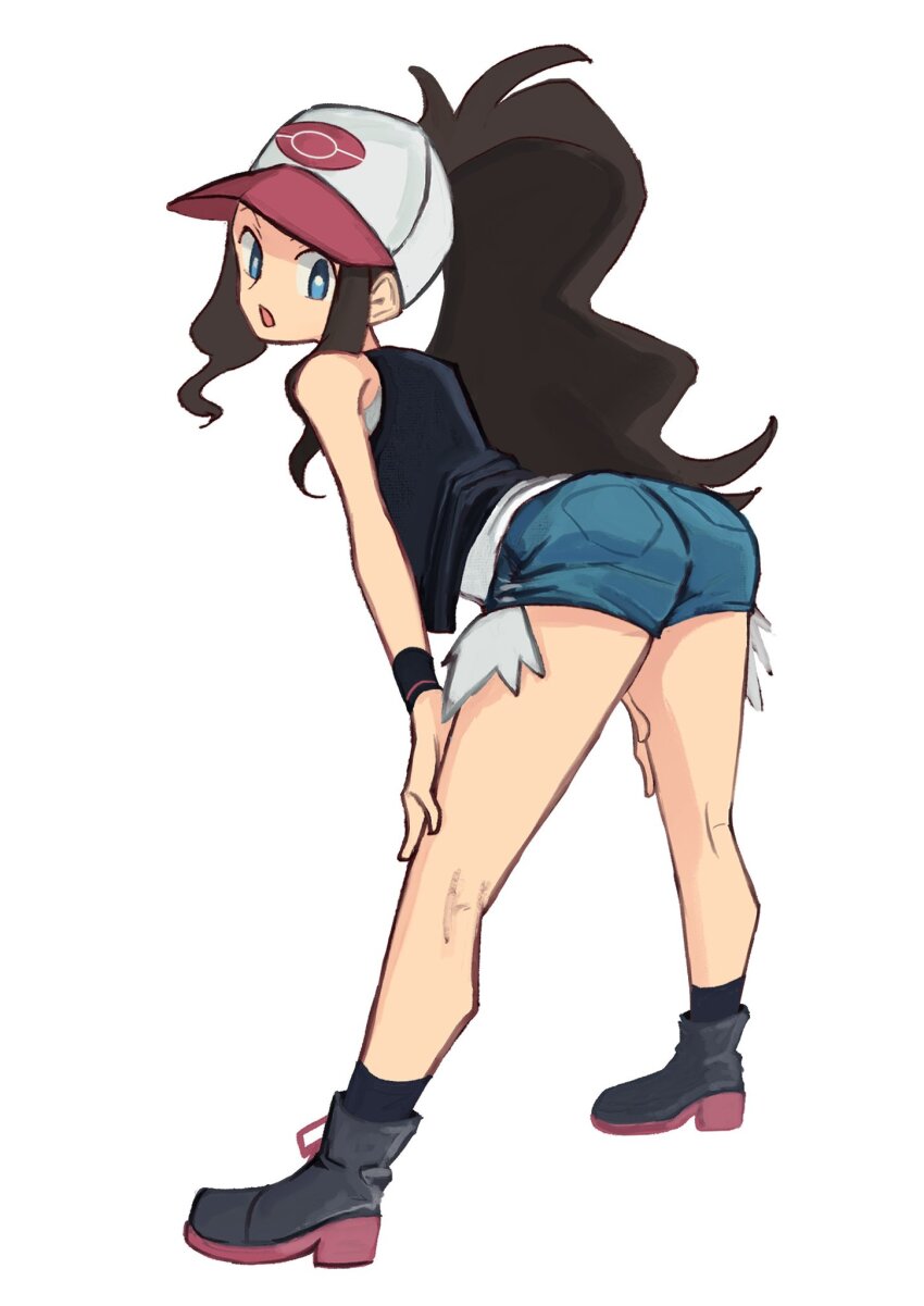 1girl, :o, ass, bent_over, black_shoes, black_vest, blue_eyes, blue_shorts, brown_hair, denim, denim_shorts, full_body, hat, highres, hilda_(pokemon), long_hair, looking_at_viewer, looking_back, nintendo, open_mouth, pokemon, pokemon_black_and_white, ponytail, shirt, shoes, short_shorts, shorts, sleeveless, sleeveless_shirt, tikuwabu_33, vest, white_background, white_hat, white_shirt, wristband