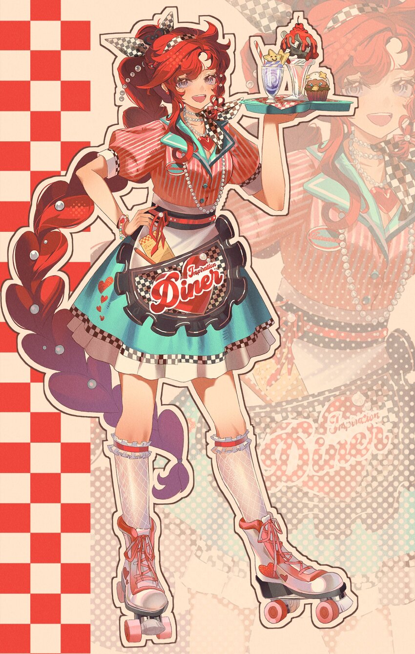 1girl, :d, absurdres, acsuck, alternate_costume, apron, barcarola_(reverse:1999), blue_eyes