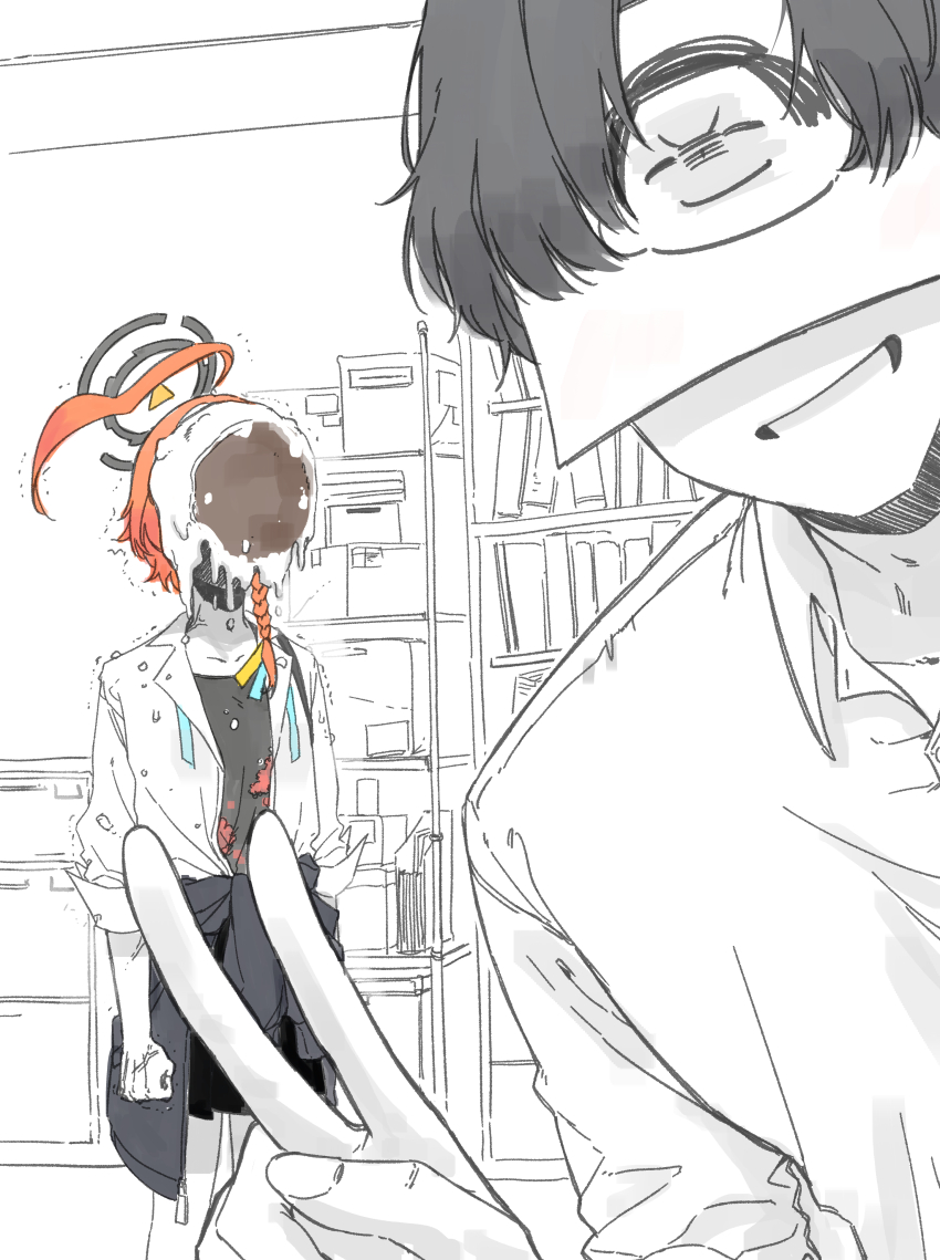 1girl, absurdres, ahoge, blue_archive, braid, daresuki_05, digging_your_own_grave, doodle_sensei_(blue_archive)