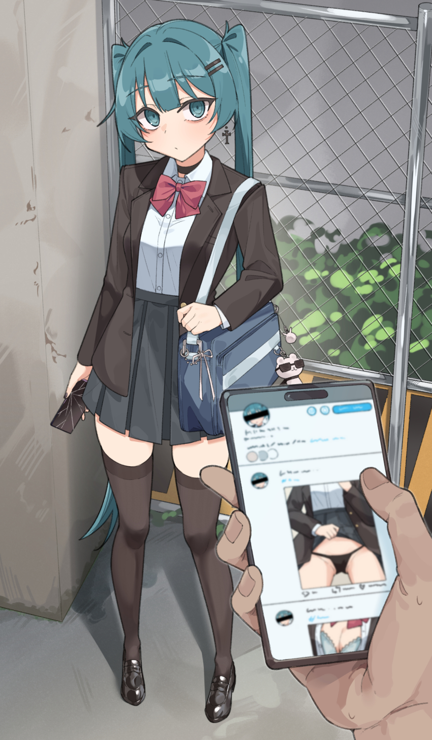 1boy, 1girl, absurdres, alternate_costume, bag, black_choker, black_shoes, black_skirt