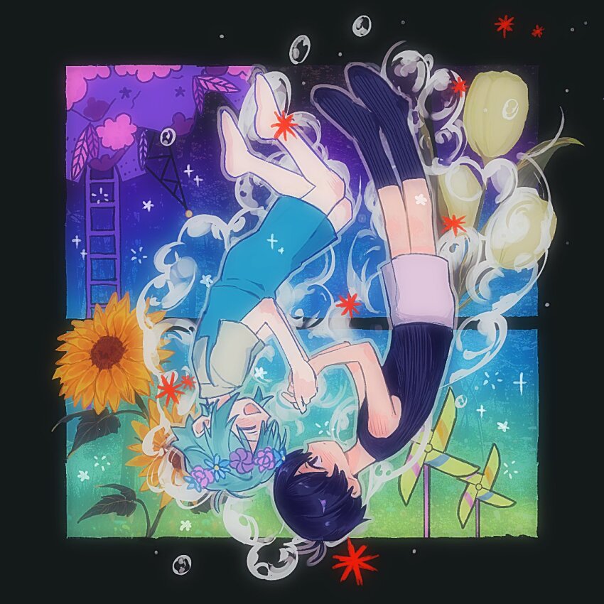 alternate_skin_color, antenna_hair, basil_(headspace)_(omori), basil_(omori), black_eyes, black_hair, black_socks, black_tank_top