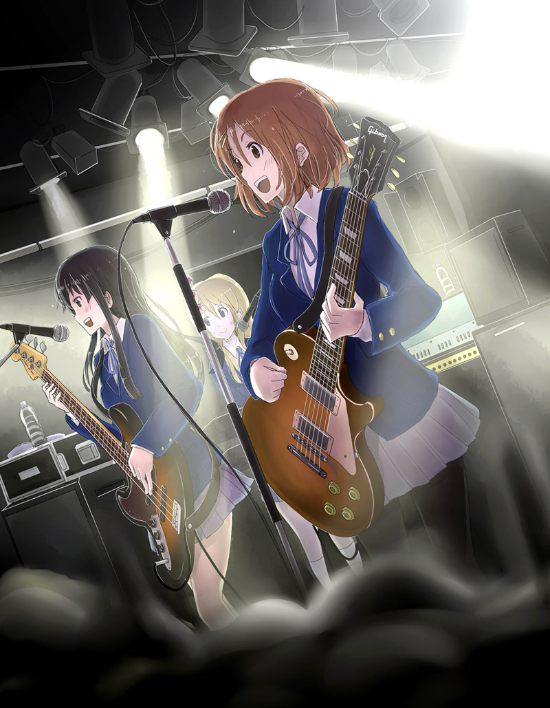 akiyama_mio, band_(music), black_hair, blonde_hair, brown_hair, guitar, hirasawa_yui, instrument, k-on!, kotobuki_tsumugi, long_hair, music, pantyhose, school_uniform, short_hair, singing, utsui