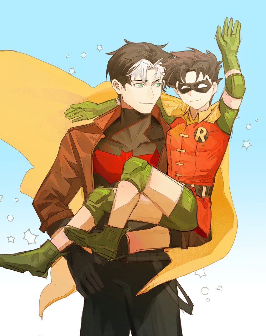 aiksemarban, batman_(series), batman_symbol, black_bodysuit, black_gloves, black_hair, bodysuit, brown_jacket, cape, dc_comics, domino_mask, eye_mask, gloves, green_eyes, grey_bodysuit, hair_between_eyes, highres, jacket, jason_todd, male_focus, mask, multicolored_bodysuit, multicolored_hair, multiple_boys, muscular, muscular_male, open_clothes, pants, red_hood_(dc), red_hood_and_the_outlaws, robin_(dc), short_hair, superhero_costume, taut_bodysuit, two-tone_bodysuit, yellow_cape