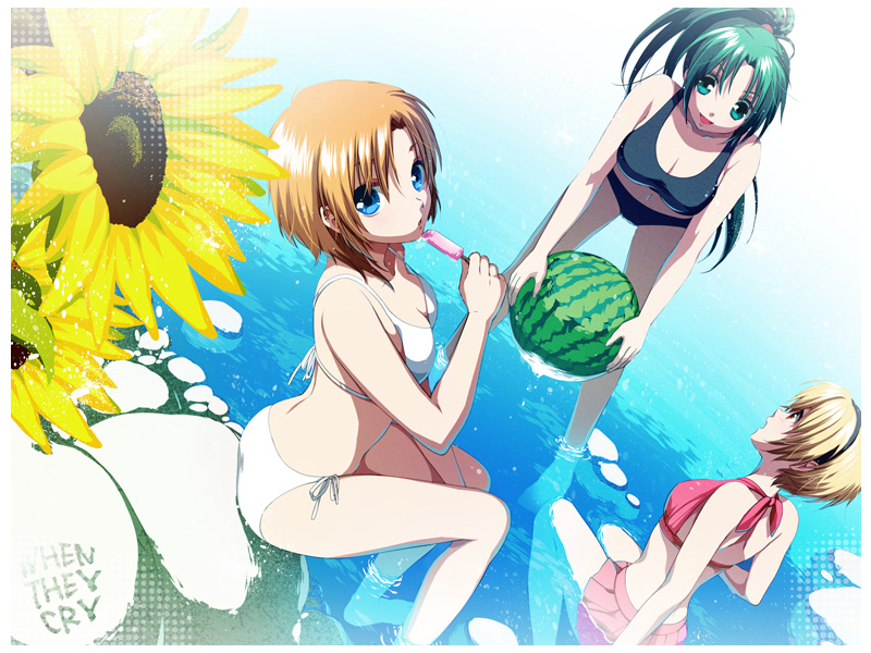 3girls, barefoot, bent_over, bikini, black_bikini, blonde_hair, breasts, dutch_angle, flower, food, fruit, higurashi_no_naku_koro_ni, houjou_satoko, konno_rei, long_hair, multiple_girls, popsicle, rock, ryuuguu_rena, short_hair, sitting, soaking_feet, sonozaki_mion, standing, submerged, sunflower, swimsuit, wading, water, watermelon, white_bikini