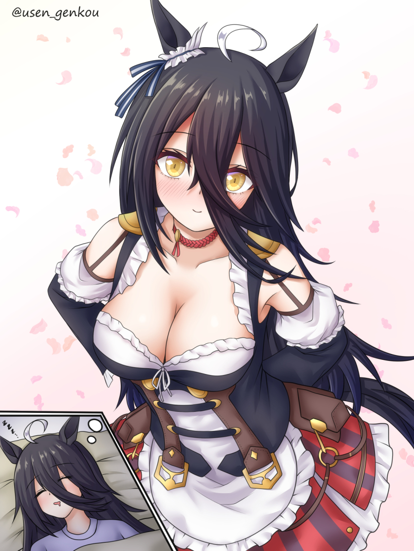 1girl, ahoge, alternate_breast_size_(larger), animal_ears, black_hair, black_vest, bow, breasts