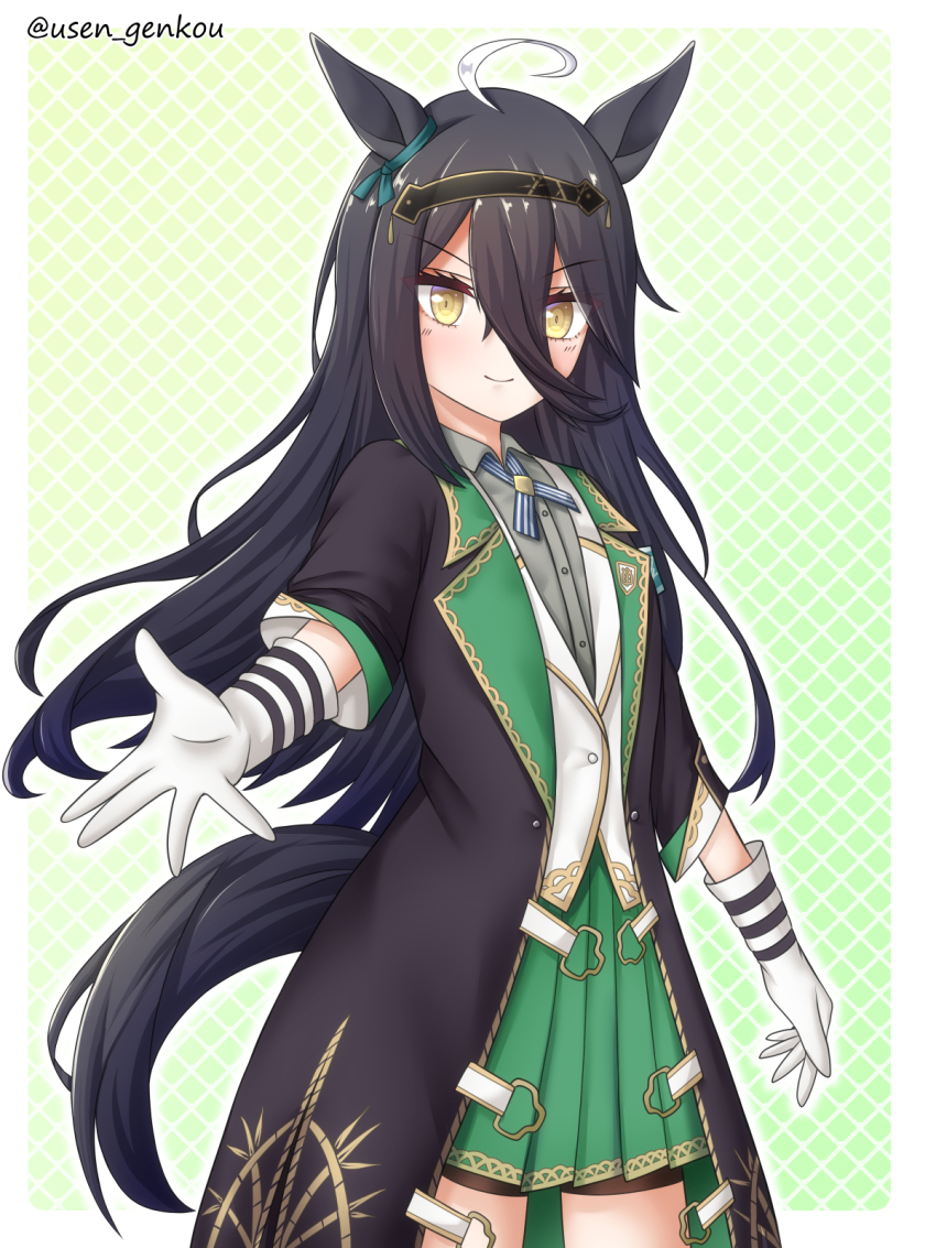 1girl, ahoge, animal_ears, bamboo_memory_(umamusume), bamboo_memory_(umamusume)_(cosplay), black_coat, black_hair, black_hairband