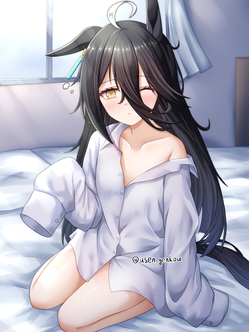 1girl, ahoge, animal_ears, black_hair, commentary_request, ear_tag, hair_between_eyes, highres