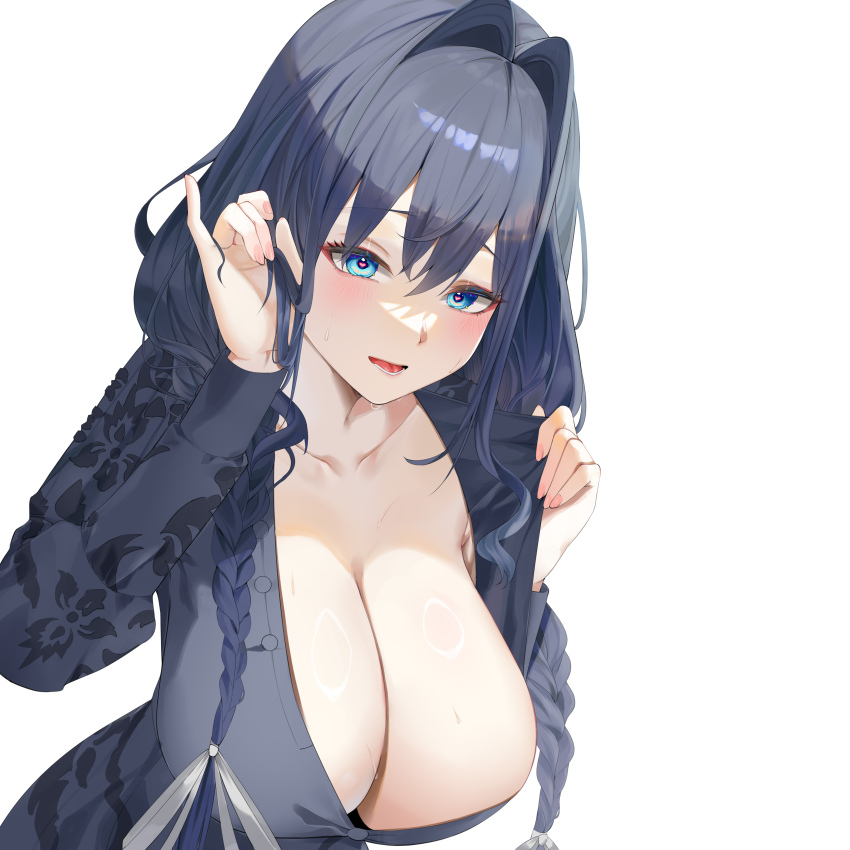 1girl, absurdres, black_dress, black_hair, blue_eyes, braid, breasts, cleavage, dress, hand_in_own_hair, heart, heart_in_eye, highres, hololive, hololive_english, huge_breasts, long_hair, looking_at_viewer, low_twin_braids, mavros, no_apron, official_alternate_costume, official_alternate_hairstyle, ouro_kronii, ouro_kronii_(maid), simple_background, solo, symbol_in_eye, twin_braids, virtual_youtuber, white_background