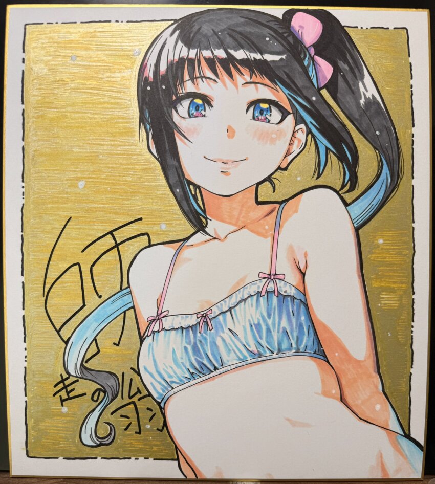 1girl, bare_arms, bare_shoulders, black_hair, blue_eyes, blush, breasts, closed_mouth, colorized, high_side_ponytail, highres, large_ribbon, long_hair, looking_at_viewer, miyanagi_sena, multicolored_eyes, multicolored_hair, peace_hame, pink_lips, pink_ribbon, ribbon, shikishi, shiwasu_no_okina, side_ponytail, sign, signature, small_breasts, smile, solo, spaghetti_strap, tagme, traditional_media, two-tone_hair, visible_ears, yellow_background