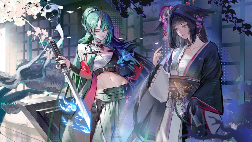 2girls, architecture, arknights, asymmetrical_sidelocks, asymmetrical_sleeves, bandaged_chest, belt, black_coat