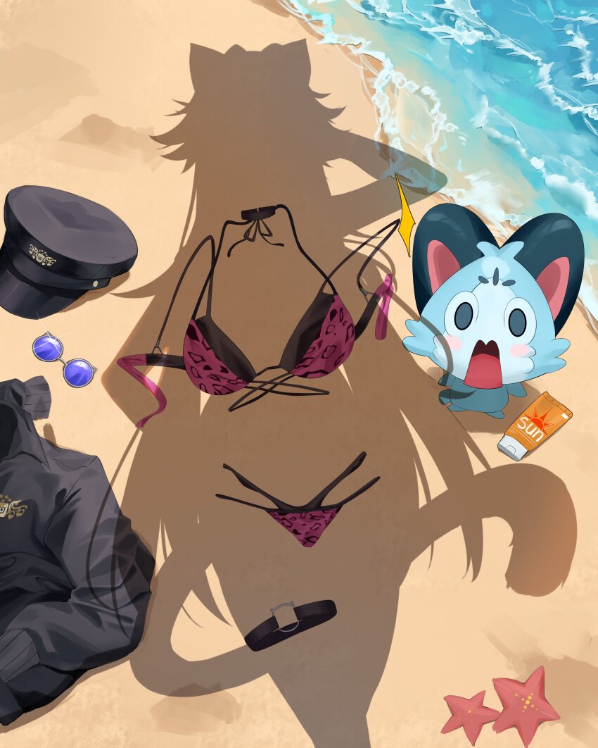 1girl, absurdres, animal_ears, beach, bikini, black_hat, black_jacket, blue-tinted_eyewear
