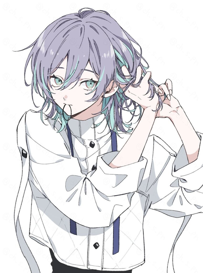 1boy, aqua_eyes, aqua_hair, ch_s_pn, collared_shirt, colored_inner_hair, hair_between_eyes, hair_tie_in_mouth
